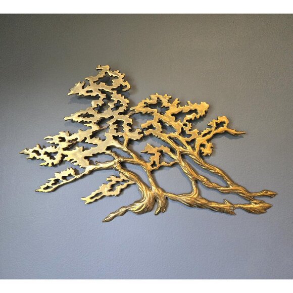 Brass Bonsai Wall Hanging Vintage Japanese Inspired MCM Gold Metal Tree Art - Picture 1 of 9